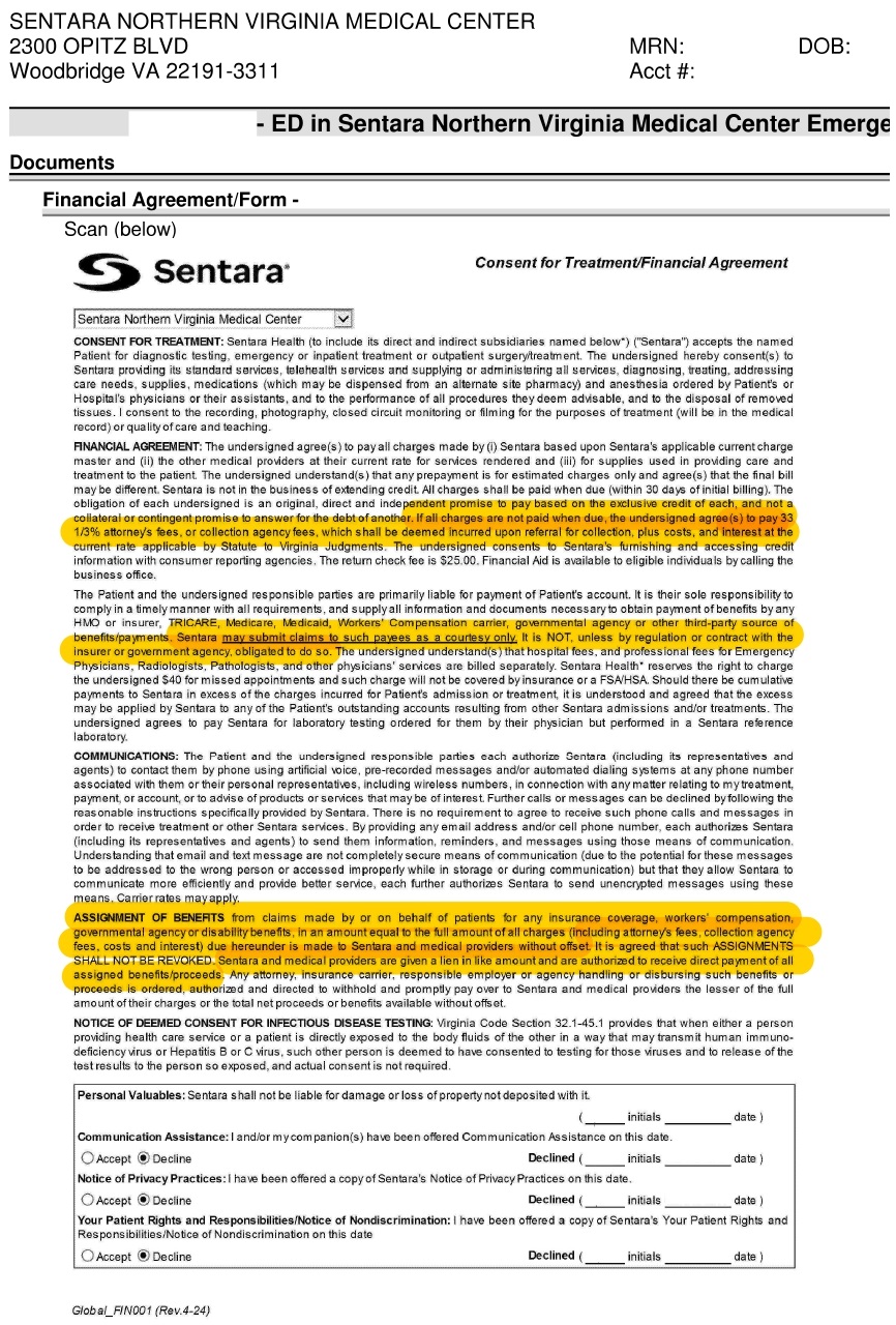 Form Number 1 - "Consent for Treatment/Financial Agreement"